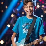 10 years old boy in stage with guitar singing The jury looks on in surprise