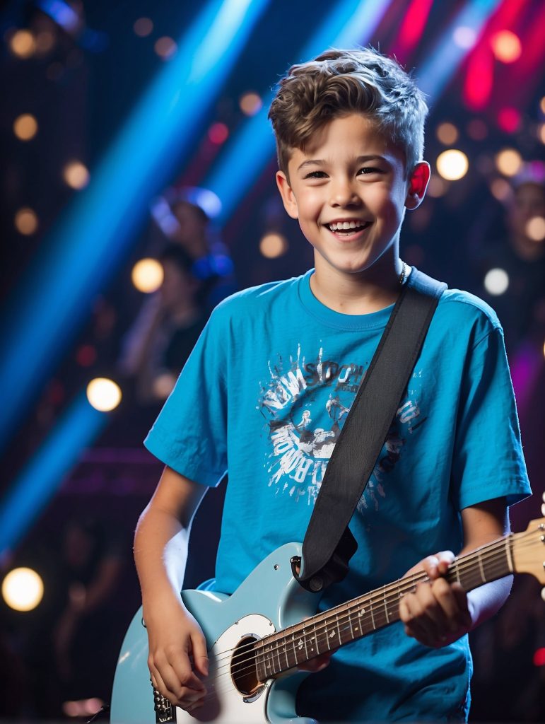 10 years old boy in stage with guitar singing The jury looks on in surprise