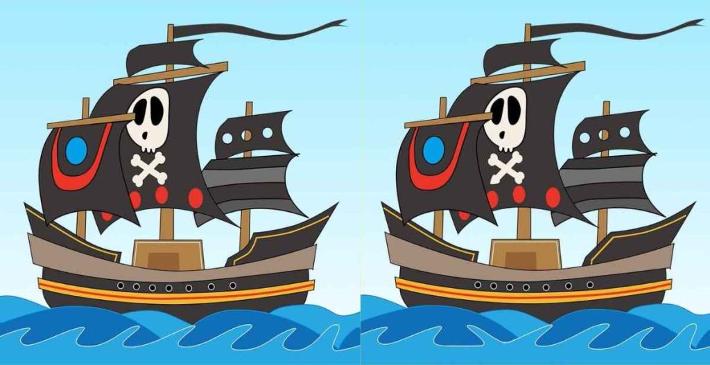 Spot 3 differences between the pirate ship pictures in 10 seconds!